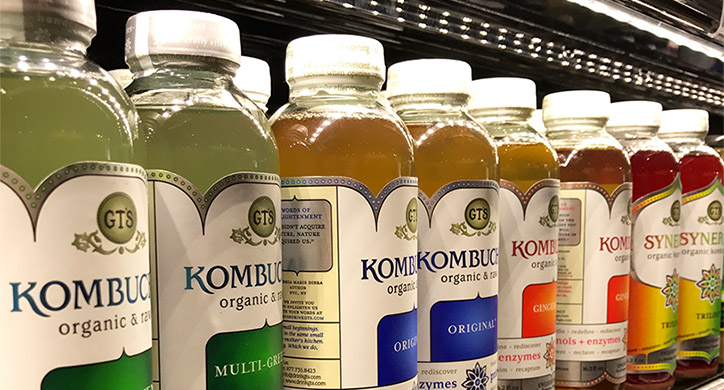 kombucha on a grocery shelf